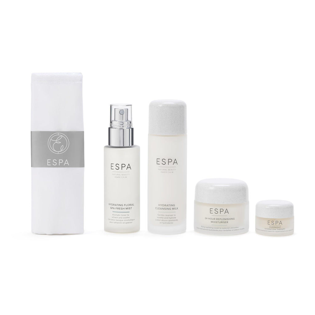 ESPA Hydration Collection | Luxury Spa Skincare Gift Set with Rose & Chamomile | Cleanser, Mist, Moisturiser, Overnight Mask, Cloth & Cosmetic Bag for Dewy, Hydrated Skin - Damaged Box