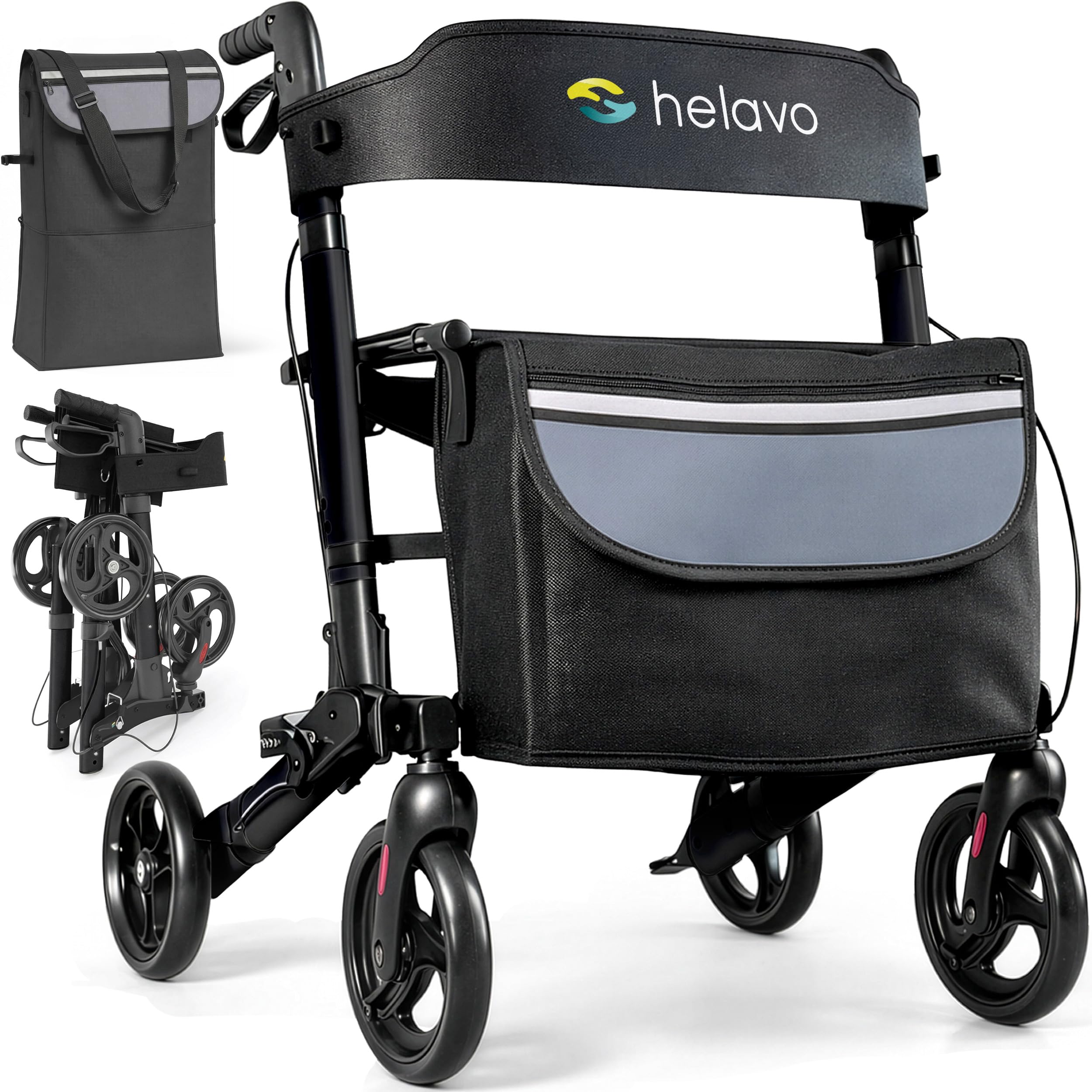 Helavo 4-Wheel Rollator Walker with Seat Foldable Lightweight Aluminium Mobility Aid for Seniors and Adults Adjustable Height Rolling Walker - Like New