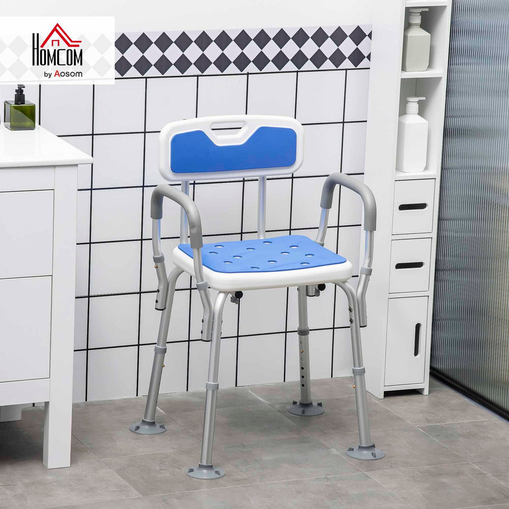 Homcom Padded Shower Chair for Elderly and Disabled Height Adjustable Bath Stool with Backrest and Arms Blue Anti-Slip Suction Feet - Very Good