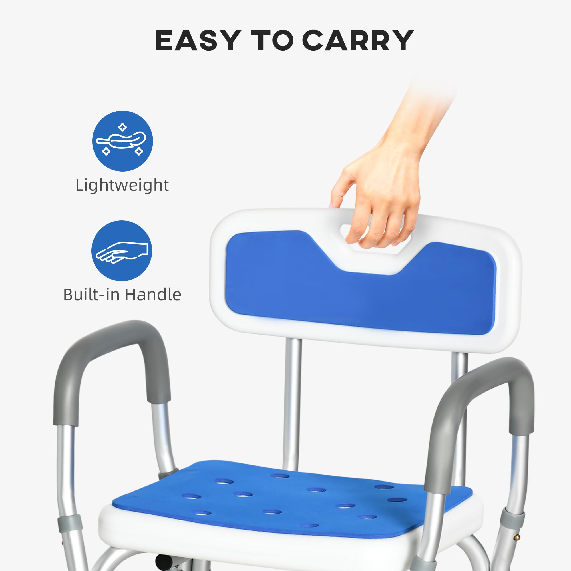 Homcom Padded Shower Chair for Elderly and Disabled Height Adjustable Bath Stool with Backrest and Arms Blue Anti-Slip Suction Feet - Very Good