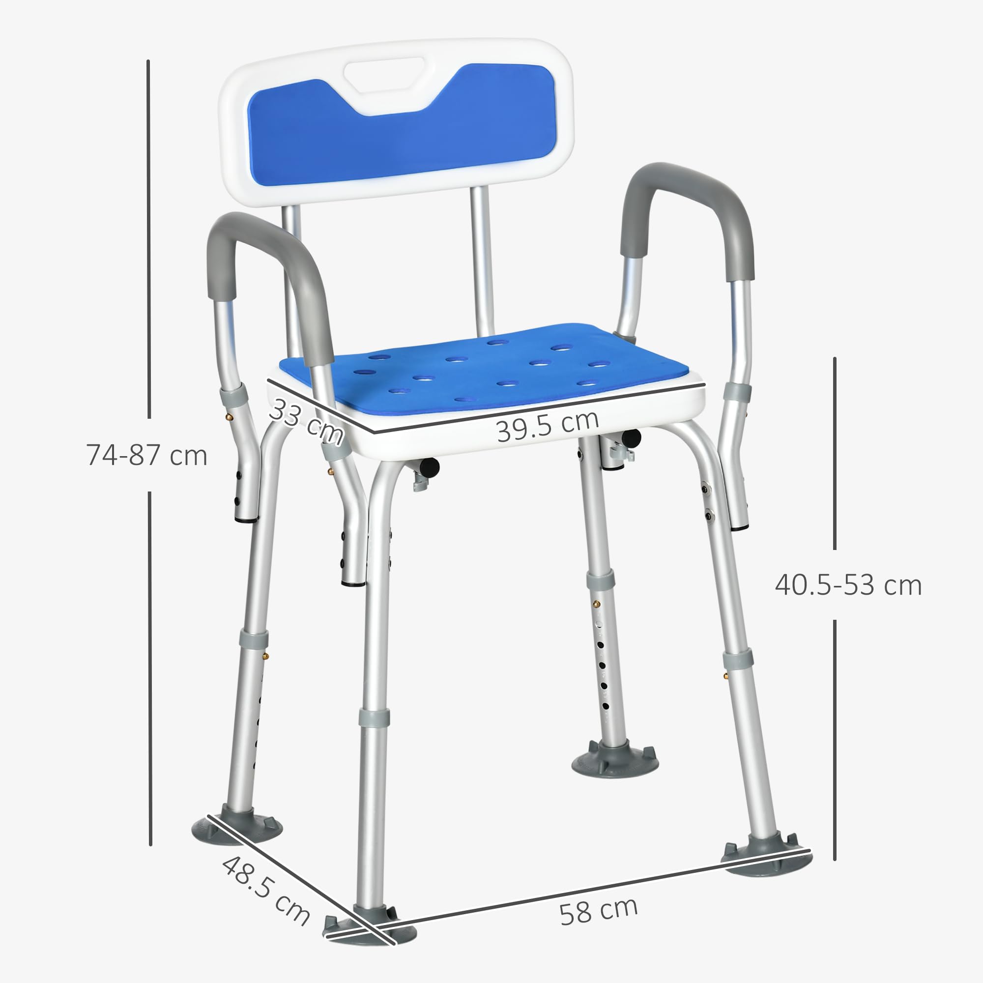 Homcom Padded Shower Chair for Elderly and Disabled Height Adjustable Bath Stool with Backrest and Arms Blue Anti-Slip Suction Feet - Very Good