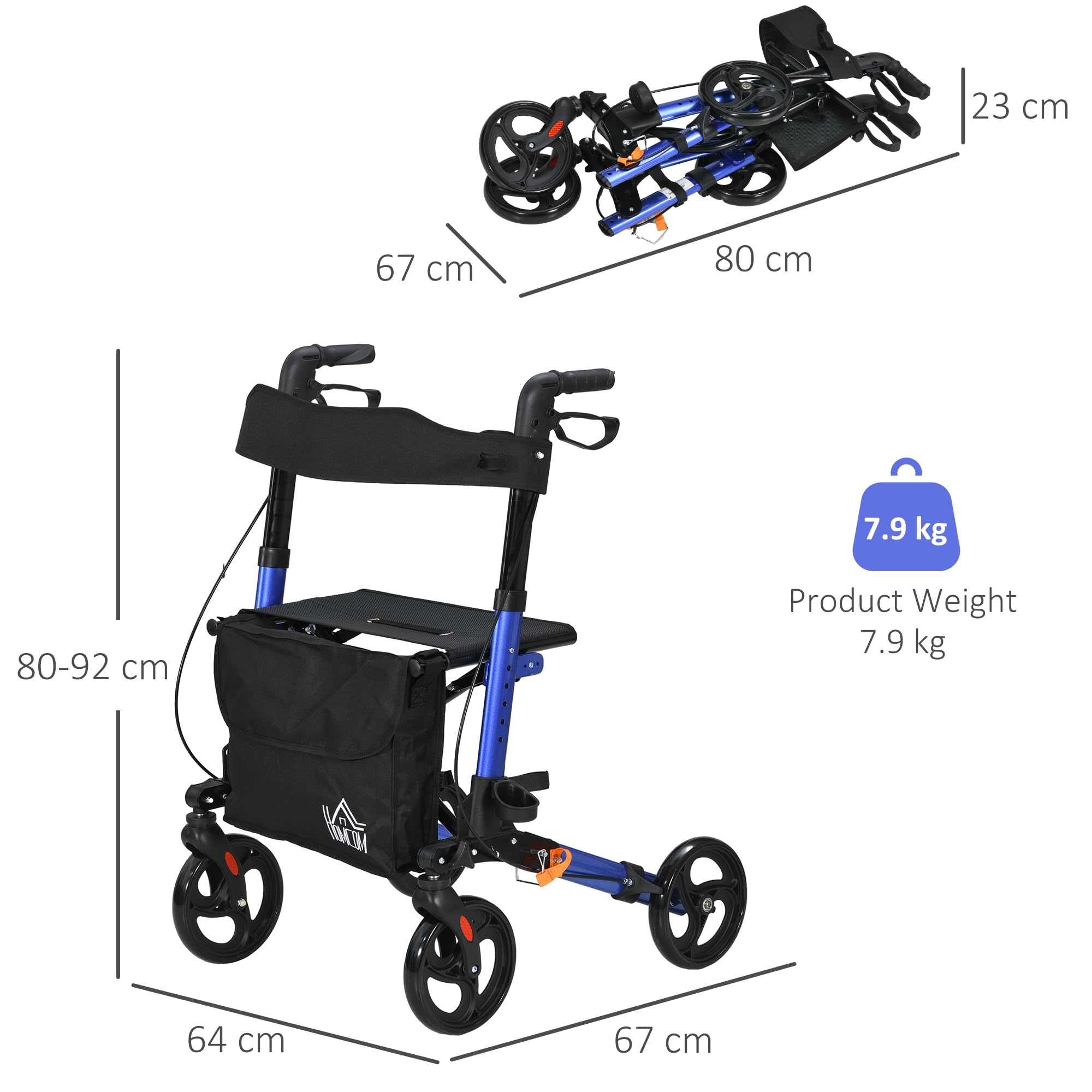 Homcom Rollator Walker with Seat Lightweight Aluminium Folding 4 Wheel Mobility Aid with 8 Inch Wheels Carry Bag and Cane Holder Blue - Like New