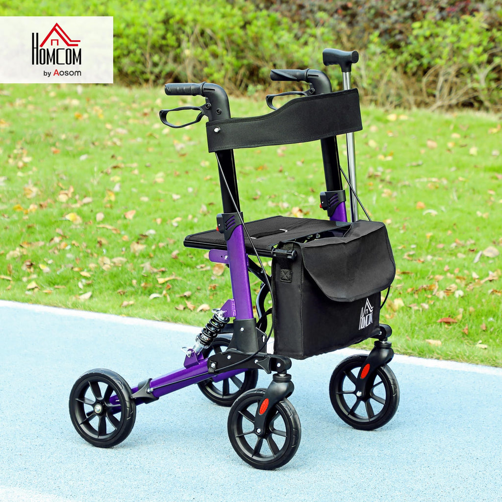 Homcom Folding Rollator Walker with Seat and Backrest Lightweight 4 Wheel Walking Frame with Storage Bag Suspension and Dual Brakes Purple - Like New