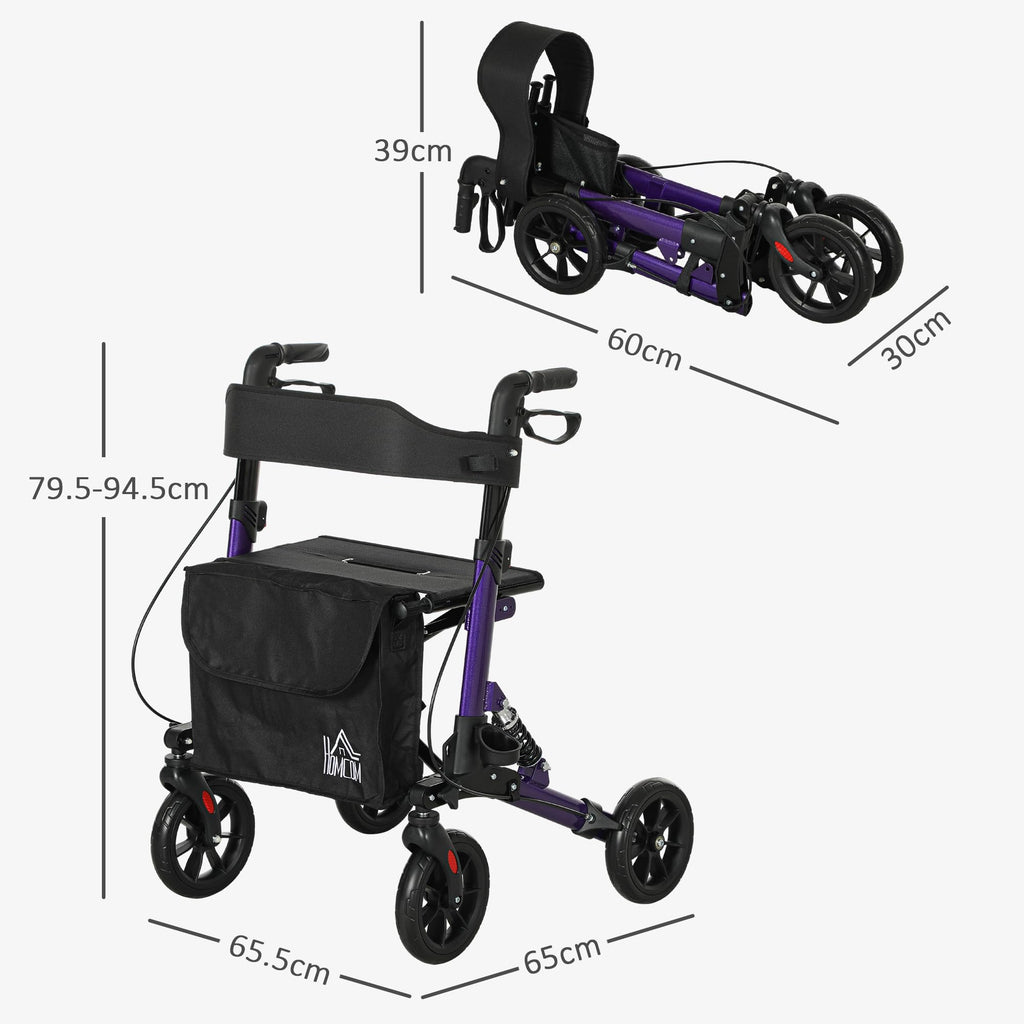 Homcom Folding Rollator Walker with Seat and Backrest Lightweight 4 Wheel Walking Frame with Storage Bag Suspension and Dual Brakes Purple - Like New