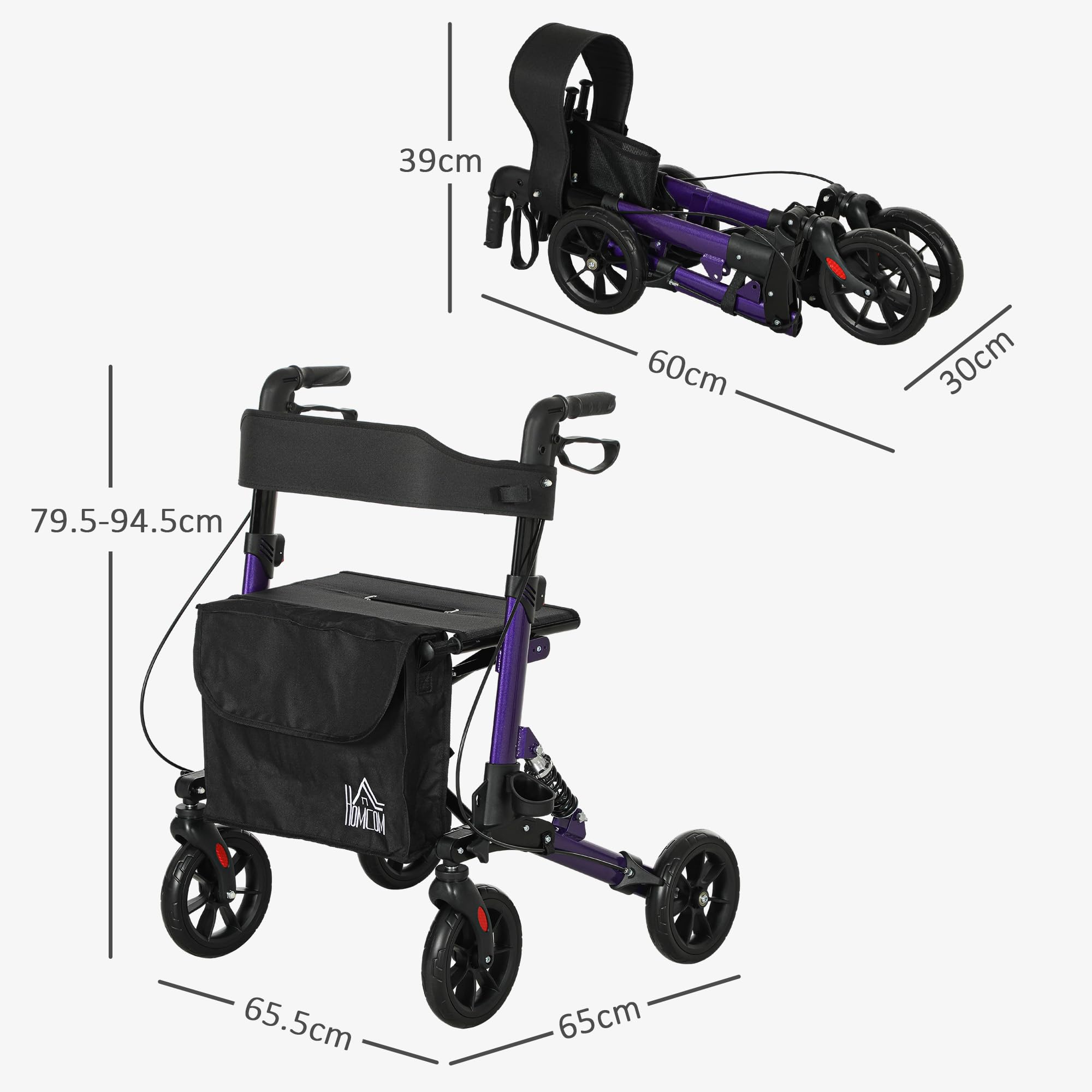 Homcom Folding Rollator Walker with Seat and Backrest Lightweight 4 Wheel Walking Frame with Storage Bag Suspension and Dual Brakes Purple - Like New