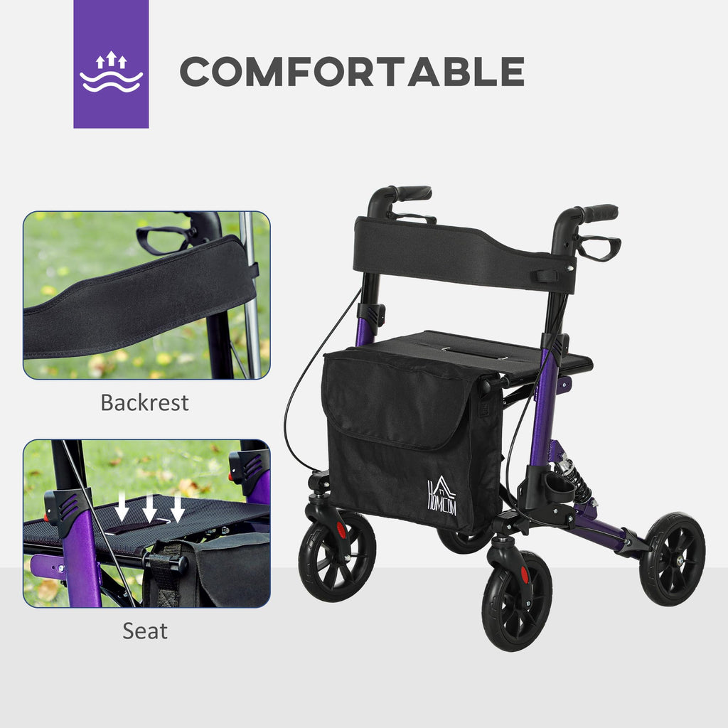 Homcom Folding Rollator Walker with Seat and Backrest Lightweight 4 Wheel Walking Frame with Storage Bag Suspension and Dual Brakes Purple - Like New
