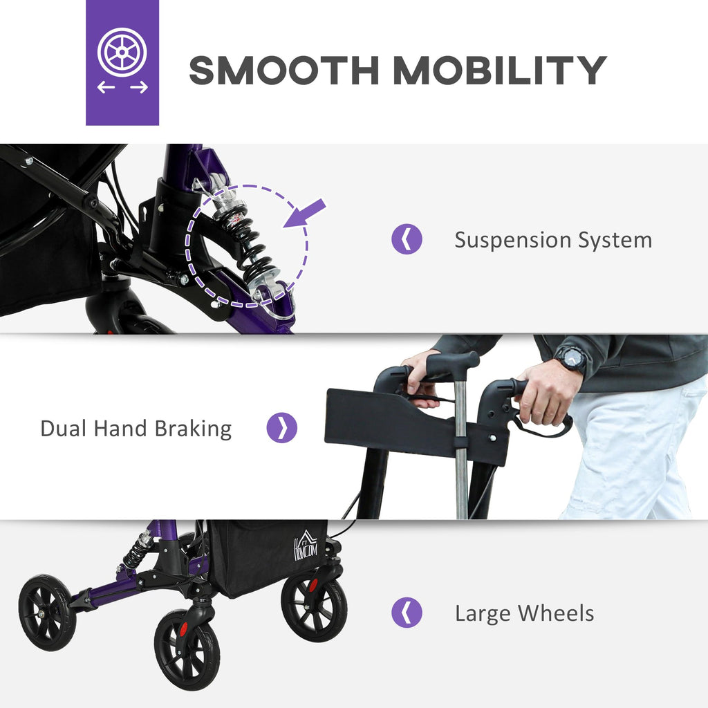 Homcom Folding Rollator Walker with Seat and Backrest Lightweight 4 Wheel Walking Frame with Storage Bag Suspension and Dual Brakes Purple - Like New