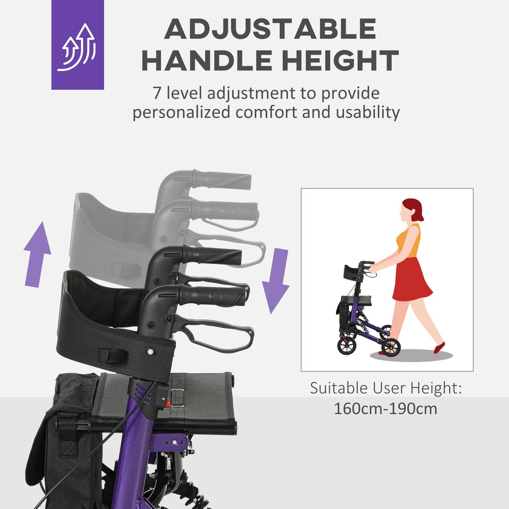 Homcom Folding Rollator Walker with Seat and Backrest Lightweight 4 Wheel Walking Frame with Storage Bag Suspension and Dual Brakes Purple - Like New