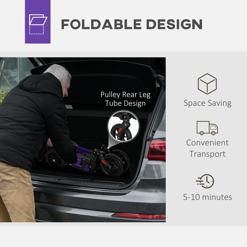 Homcom Folding Rollator Walker with Seat and Backrest Lightweight 4 Wheel Walking Frame with Storage Bag Suspension and Dual Brakes Purple - Like New