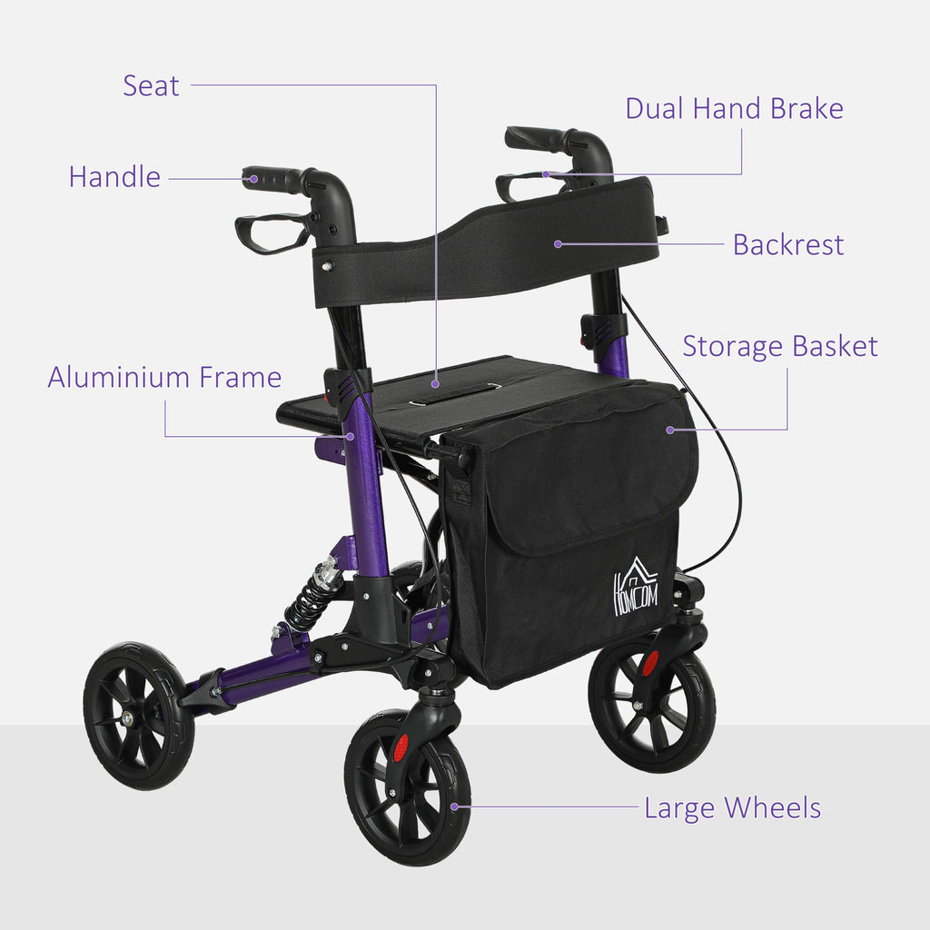 Homcom Folding Rollator Walker with Seat and Backrest Lightweight 4 Wheel Walking Frame with Storage Bag Suspension and Dual Brakes Purple - Like New
