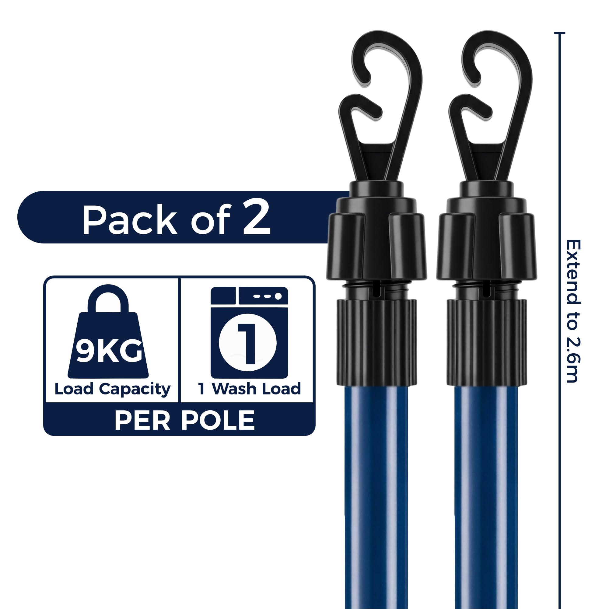 Heavy Duty Telescopic Washing Line Prop 2.6m Galvanised Steel Extendable Clothesline Support Pole Outdoor Laundry Drying 2 Pack - Very Good