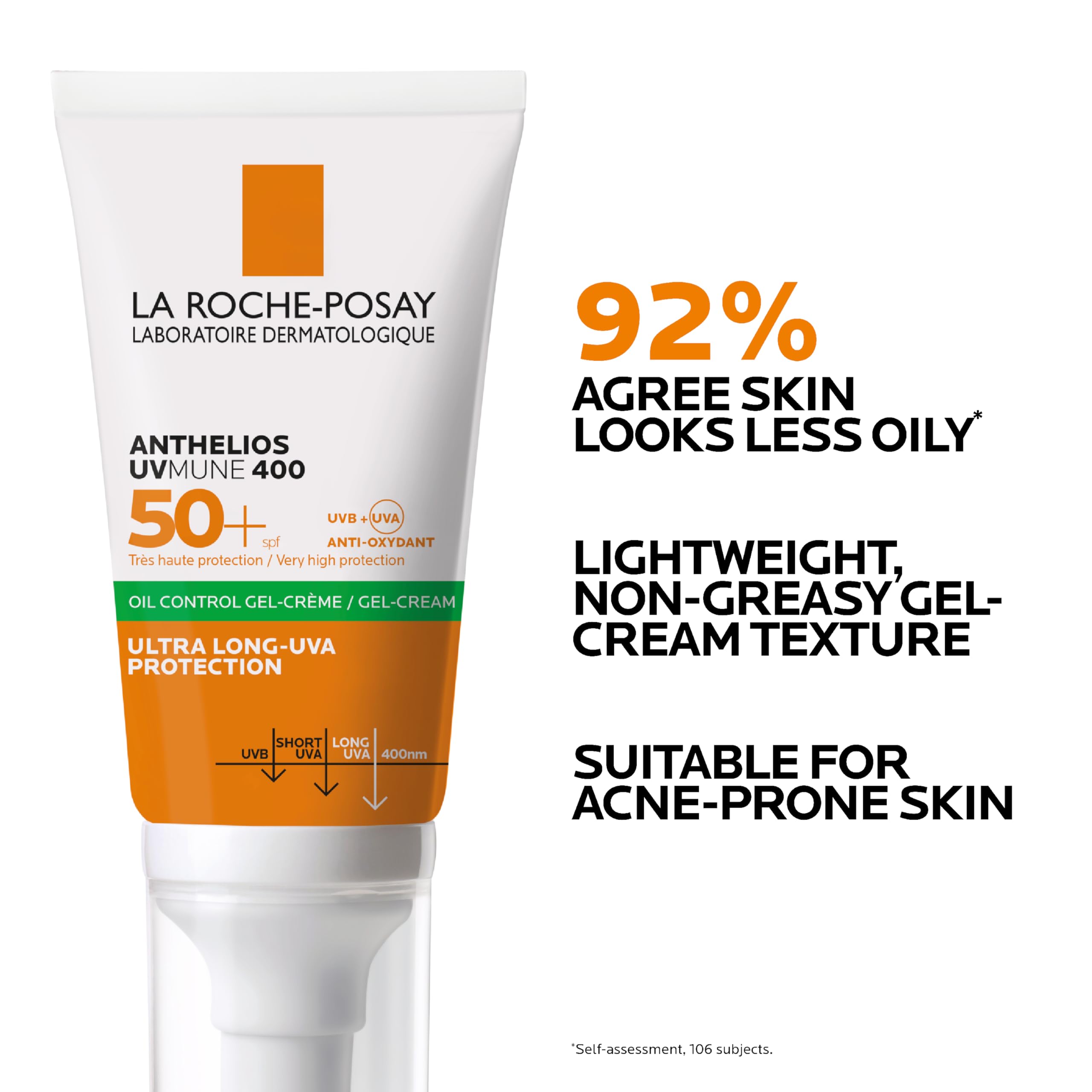 La Roche-Posay Anthelios UVMune 400 Oil Control Gel Cream SPF50+, Mattifying Sunscreen For Oily Blemish-Prone Skin, Airlicium Sebum Absorber, Ultra Long UVA Filter, Sweat Resistant, 50ml