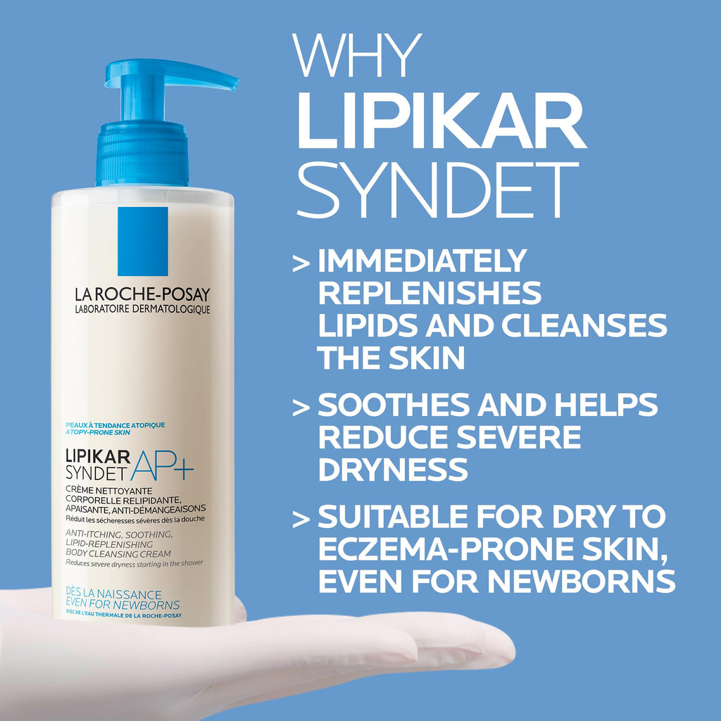 La Roche-Posay Lipikar Syndet AP+, Soothing Cream Wash, Niacinamide, Shea Butter, For Very Dry Sensitive Eczema Prone Skin, Face Body Cleanser, Fragrance Free, 400ml
