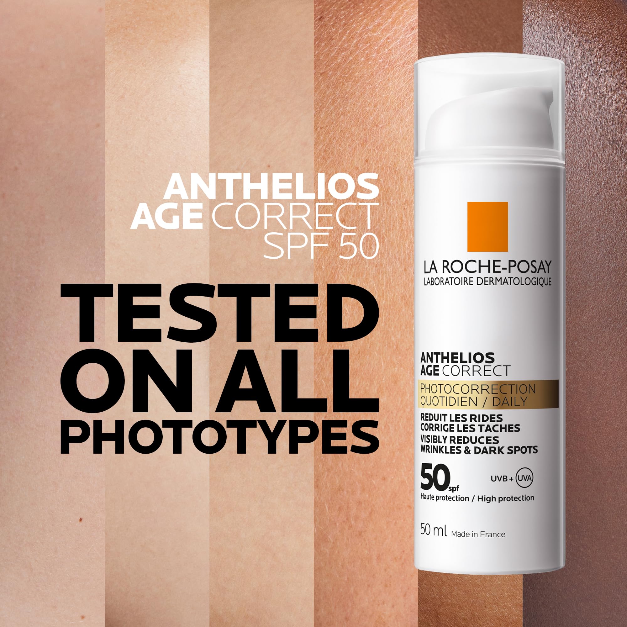 La Roche-Posay Anthelios Age Correct SPF50, Anti-Ageing Daily Sunscreen With Hyaluronic Acid, Niacinamide & Phe-Resorcinol, 24 Hour Hydration, Non-Greasy, 50ml - Damaged Box