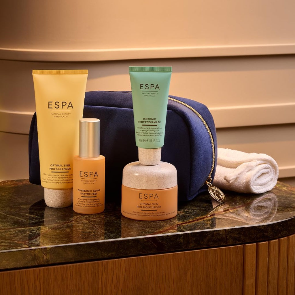 ESPA Radiant Glow Collection | Luxury Spa Skincare Gift Set Worth lb150+ | 4-Step Routine with Cleanser, Enzyme Peel, Moisturiser & Hydration Mask + Cloth & Cosmetic Bag - Damaged Box