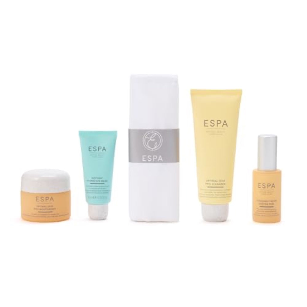 ESPA Radiant Glow Collection | Luxury Spa Skincare Gift Set Worth lb150+ | 4-Step Routine with Cleanser, Enzyme Peel, Moisturiser & Hydration Mask + Cloth & Cosmetic Bag - Damaged Box