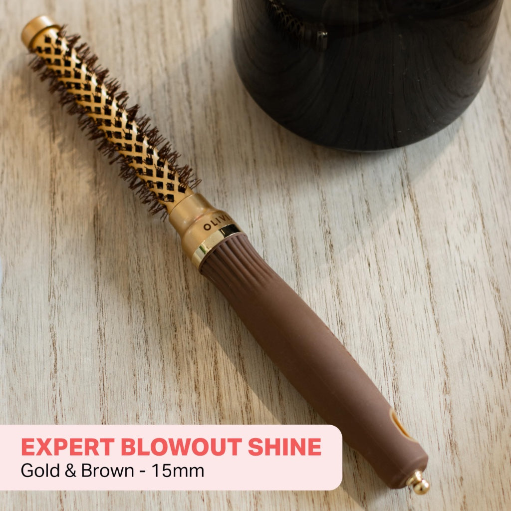 Olivia Garden Expert Blowout Shine - Gold & Brown - 15 - Ceramic Coated Round Brush for Smooth Blowout, Frizz-Free Hair & Radiant Shine