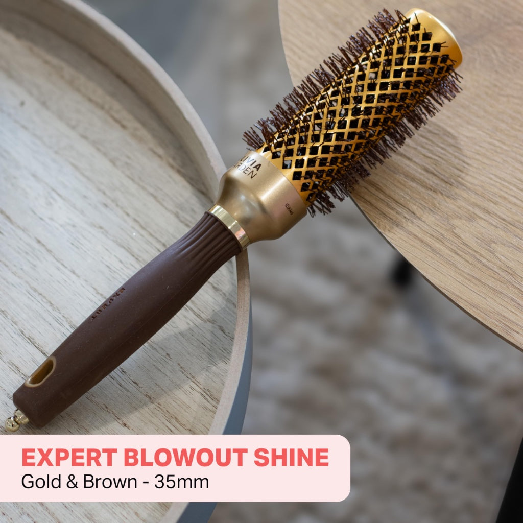 Olivia Garden Expert Blowout Shine - Gold & Brown - 35 - Ceramic Coated Round Brush for Smooth Blowout, Frizz-Free Hair & Radiant Shine