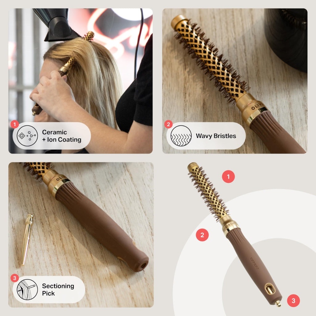 Olivia Garden Expert Blowout Shine - Gold & Brown - 15 - Ceramic Coated Round Brush for Smooth Blowout, Frizz-Free Hair & Radiant Shine