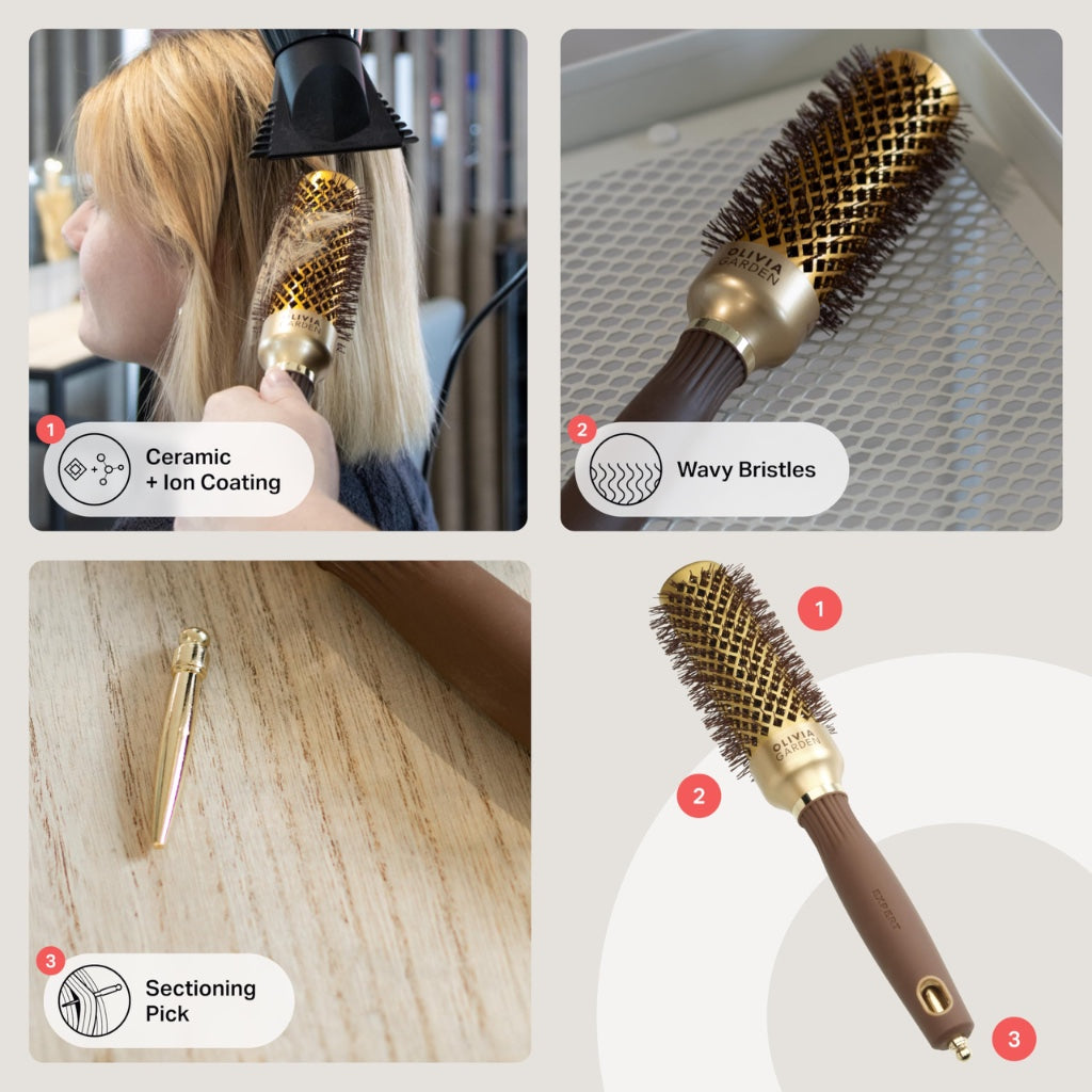 Olivia Garden Expert Blowout Shine - Gold & Brown - 35 - Ceramic Coated Round Brush for Smooth Blowout, Frizz-Free Hair & Radiant Shine