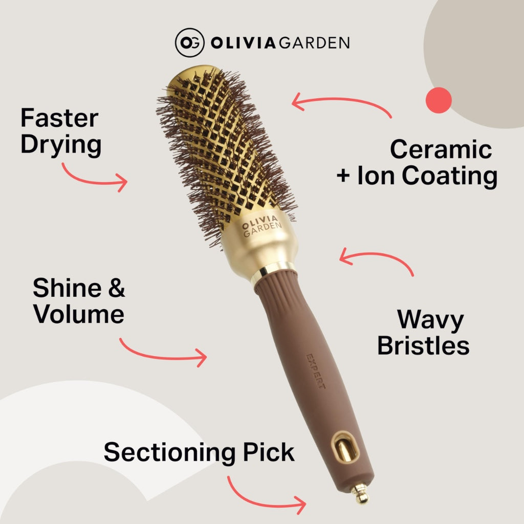 Olivia Garden Expert Blowout Shine - Gold & Brown - 35 - Ceramic Coated Round Brush for Smooth Blowout, Frizz-Free Hair & Radiant Shine