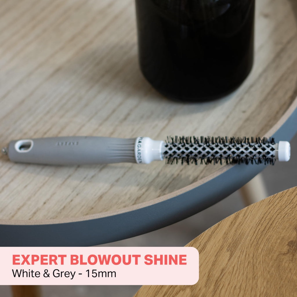 Olivia Garden Expert Blowout Shine - White & Grey - 15 - Ceramic Coated Round Brush for Smooth Blowout, Frizz-Free Hair & Radiant Shine