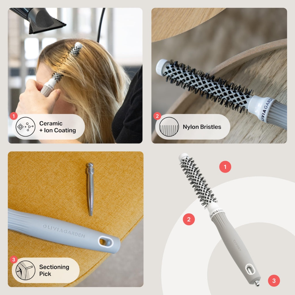 Olivia Garden Expert Blowout Shine - White & Grey - 15 - Ceramic Coated Round Brush for Smooth Blowout, Frizz-Free Hair & Radiant Shine