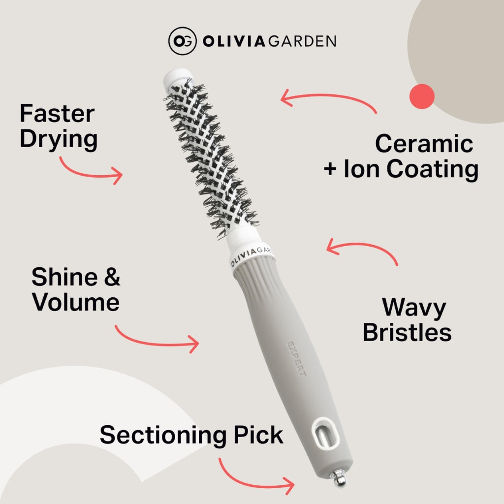 Olivia Garden Expert Blowout Shine - White & Grey - 15 - Ceramic Coated Round Brush for Smooth Blowout, Frizz-Free Hair & Radiant Shine