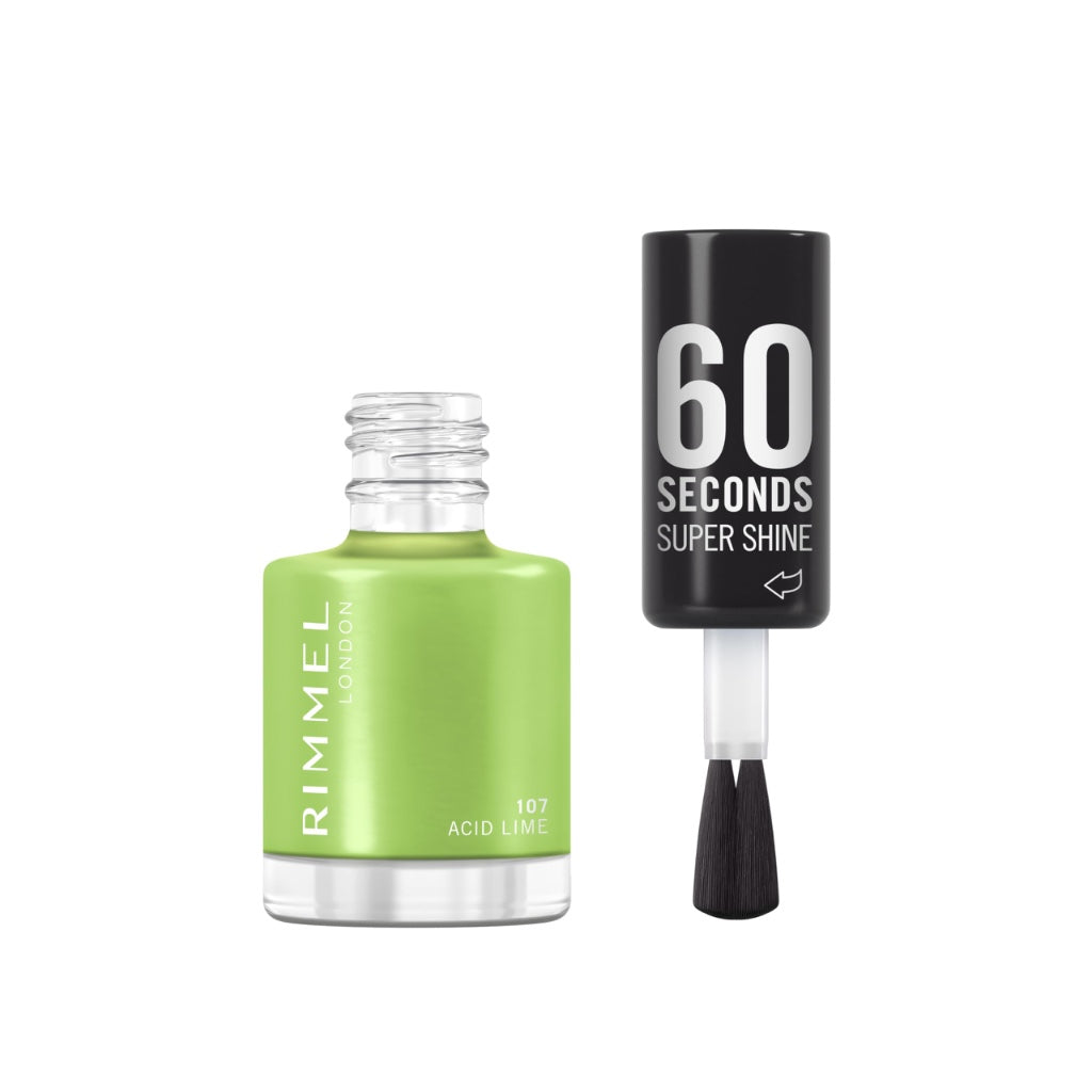 Rimmel 60 Seconds Super Shine Nail Polish, 107 Acid Lime, Quick-Dry Nail Polish, Ultra-Shiny Finish, Easy to Apply, Vibrant Colour, Long-Wearing, Improved Formula, Vegan, 8ml
