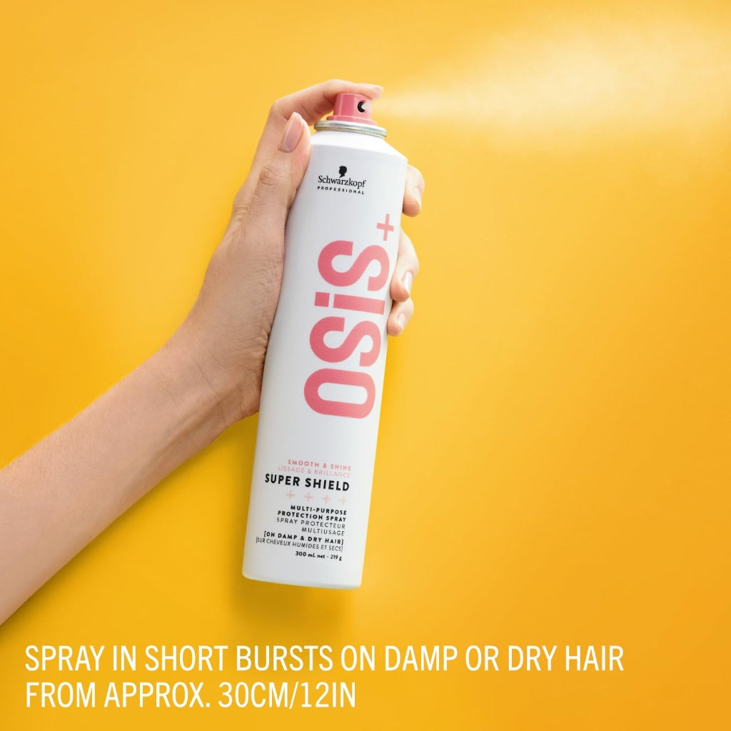Schwarzkopf Professional OSiS Super Shield Multi Purpose Protection Spray Heat Protection For Long Hair Anti Pollution Anti Bacterial Reduces Tangling Fights Dullness Detangling 300 ml - Damaged Box