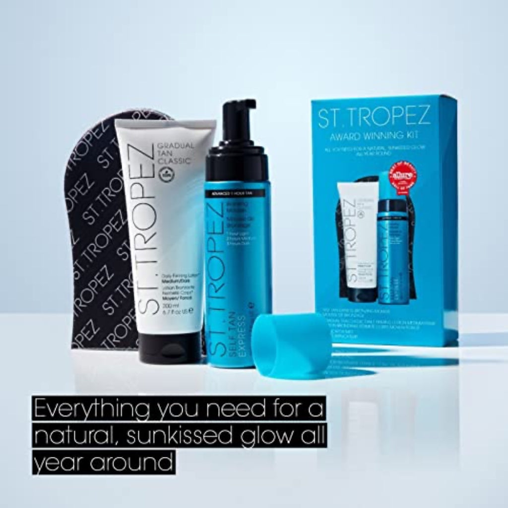 St.Tropez Self Tan Award Winning Kit, Express Bronzing Mousse 200 ml, Body Lotion 200 ml, Applicator Mitt, Vegan skincare
