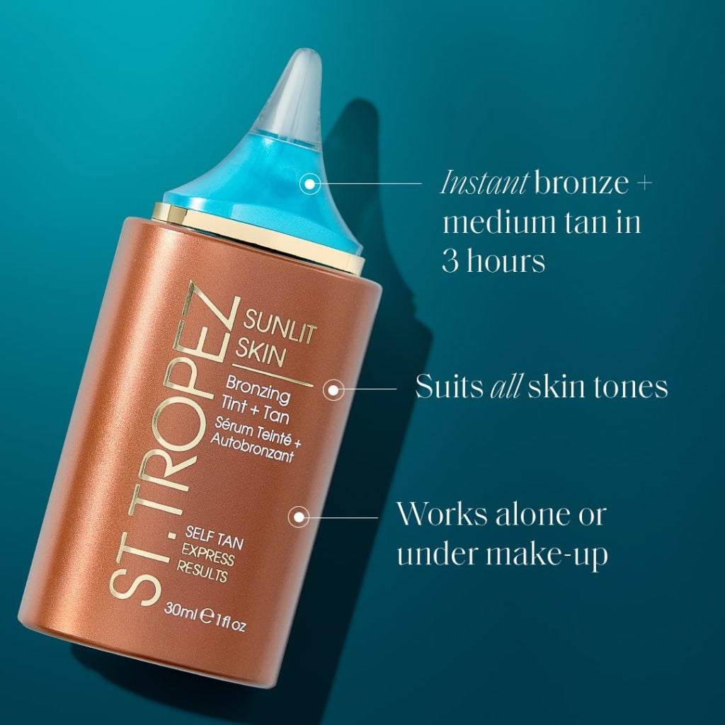 St.Tropez Sunlit Skin Self Tan Express 30 ml, Instant Bronzy Glow and Medium Tan in 3 hours, Quick-drying no rinse formula, Suitable for all Skin Tones - Good