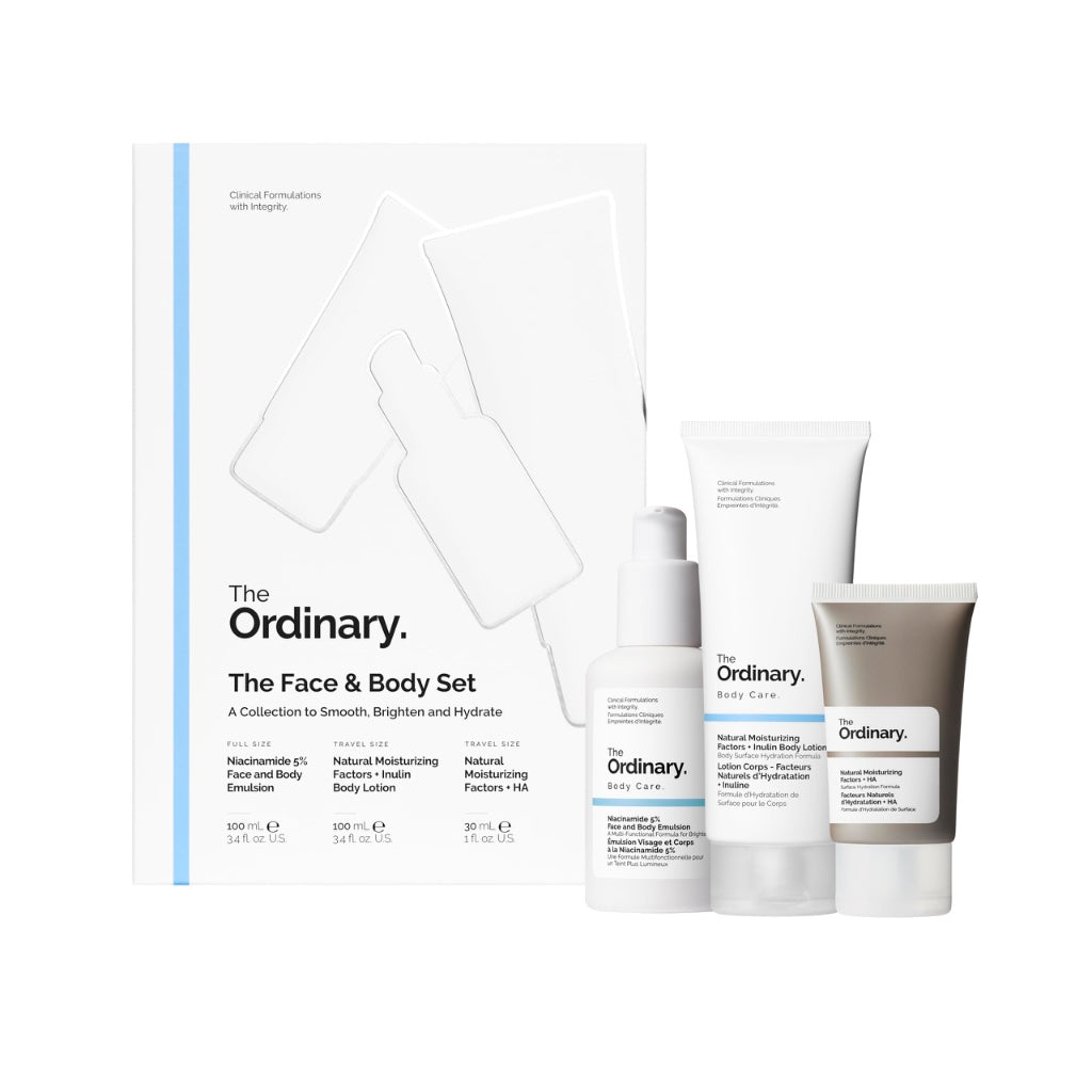 The Ordinary Face & Body Set Daily Skincare Routine with Niacinamide 5% Face & Body Emulsion, Natural Moisturizing Factors + Inulin Body Lotion, and Natural Moisturizing Factors + Hyaluronic Acid - Damaged Box