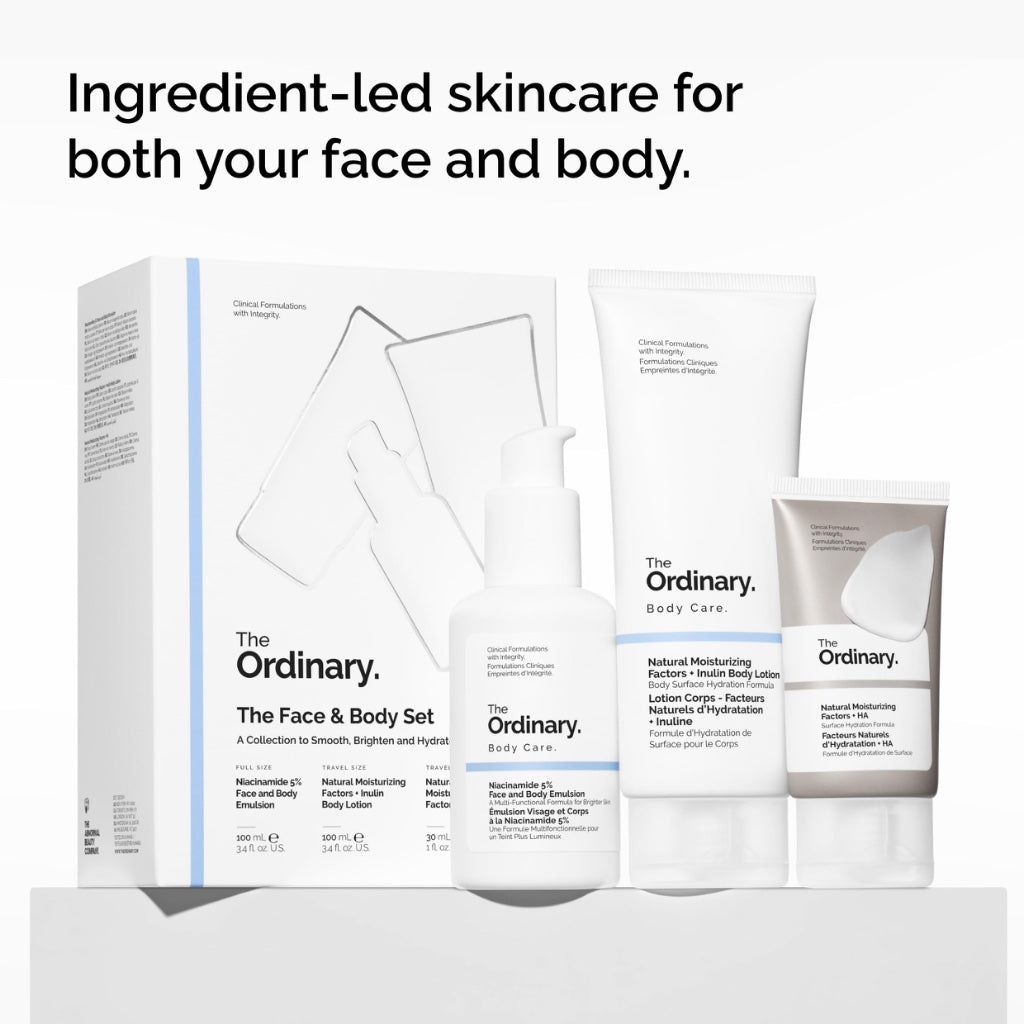 The Ordinary Face & Body Set Daily Skincare Routine with Niacinamide 5% Face & Body Emulsion, Natural Moisturizing Factors + Inulin Body Lotion, and Natural Moisturizing Factors + Hyaluronic Acid - Damaged Box