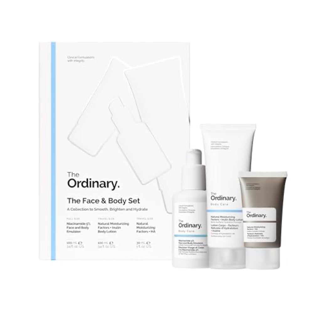 The Ordinary Face & Body Set Daily Skincare Routine with Niacinamide 5% Face & Body Emulsion, Natural Moisturizing Factors + Inulin Body Lotion, and Natural Moisturizing Factors + Hyaluronic Acid - Damaged Box