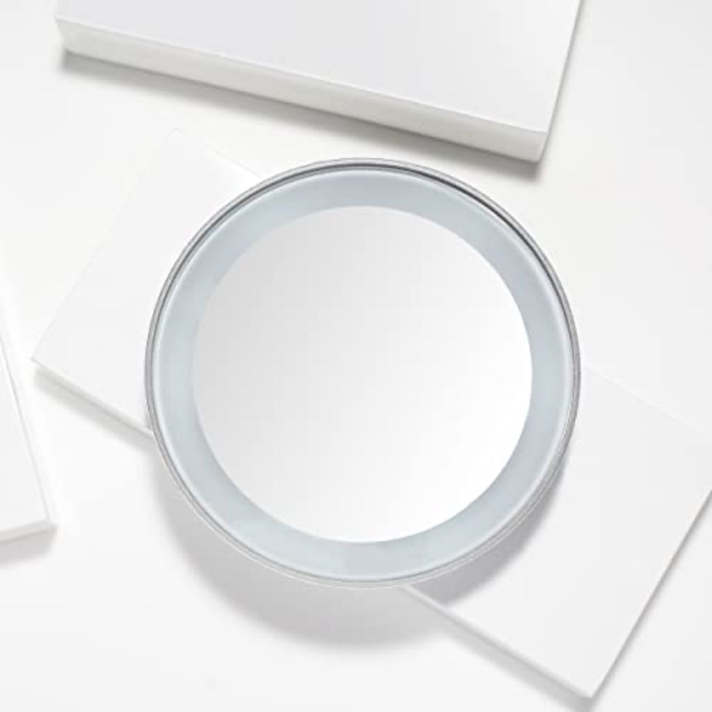 Tweezerman 15x Magnifying LED Mini Mirror, Round Mirror Perfect for Tweezing, Contact Lens and Makeup Application Compact Travel Mirrors with Suction Cups (Pack of 1)