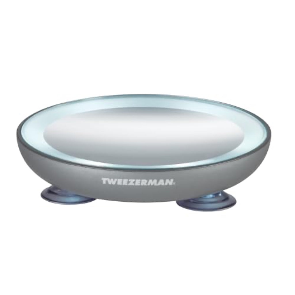 Tweezerman 15x Magnifying LED Mini Mirror, Round Mirror Perfect for Tweezing, Contact Lens and Makeup Application Compact Travel Mirrors with Suction Cups (Pack of 1)
