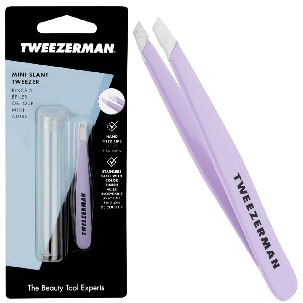 Tweezerman Blooming Lilac Mini Slant Tweezer, Professional Stainless Steel Precision Tweezers for Facial Hair and Eyebrows, with Travel Case, (Pack of 1) - Damaged Box