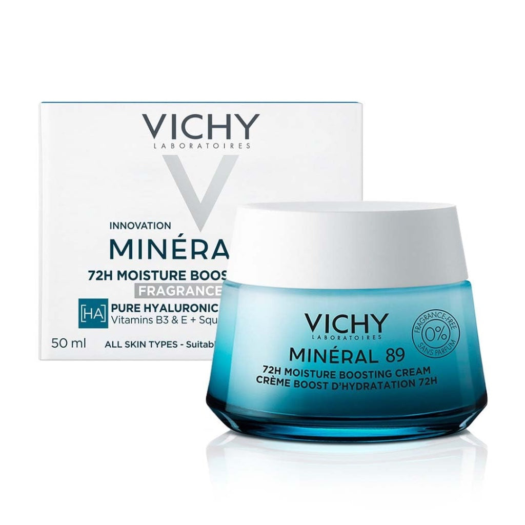 Vichy Min'eral 89 72H Moisture Boosting Cream, Fragrance-Free Face Moisturiser with Hyaluronic Acid & Squalane, 50ml, Hydrates, Plumps & Strengthens Skin Barrier. - Damaged Box - BBE 02/2029