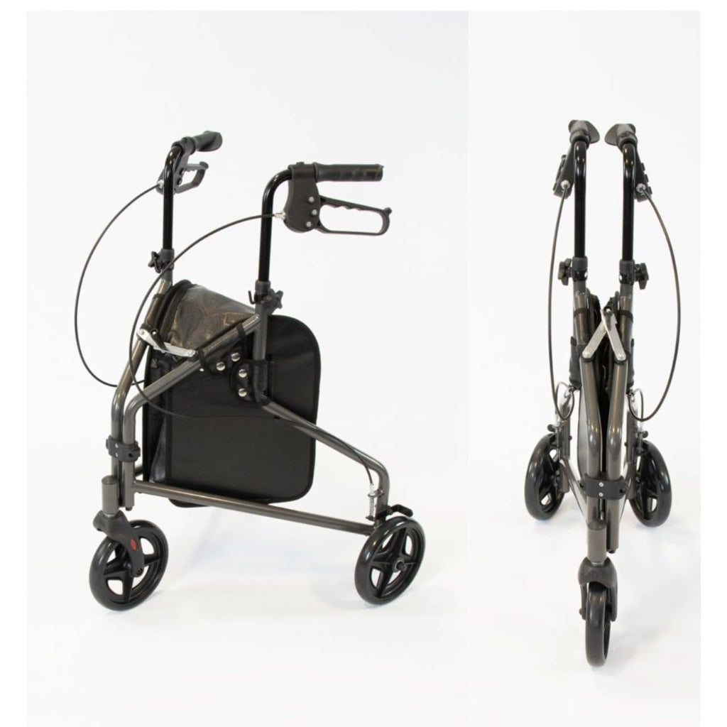 NRS Healthcare 3 Wheel Steel Rollator Walking Aid with Bag & Lockable Brakes, Folding & Height Adjustable - Grey - Very Good