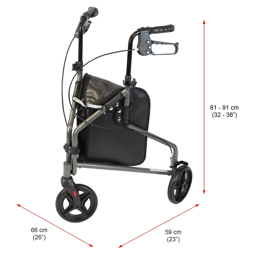 NRS Healthcare 3 Wheel Steel Rollator Walking Aid with Bag & Lockable Brakes, Folding & Height Adjustable - Grey - Very Good