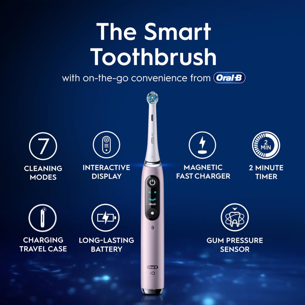 Oral-B iO9 Electric Toothbrush Rose Quartz - App Connected Rechargeable Handle with 3 Brush Heads Travel Case and 2 Pin UK Plug 7 Modes - Very Good
