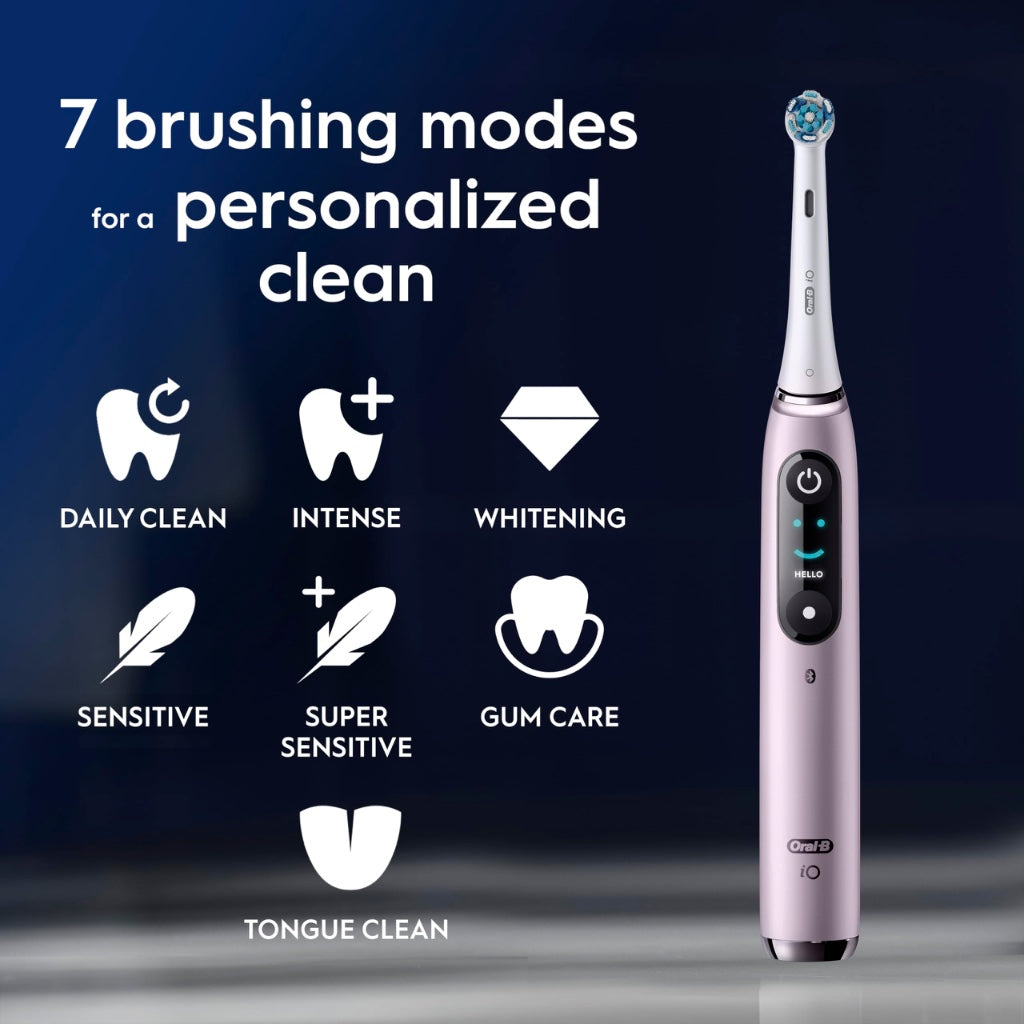 Oral-B iO9 Electric Toothbrush Rose Quartz - App Connected Rechargeable Handle with 3 Brush Heads Travel Case and 2 Pin UK Plug 7 Modes - Very Good