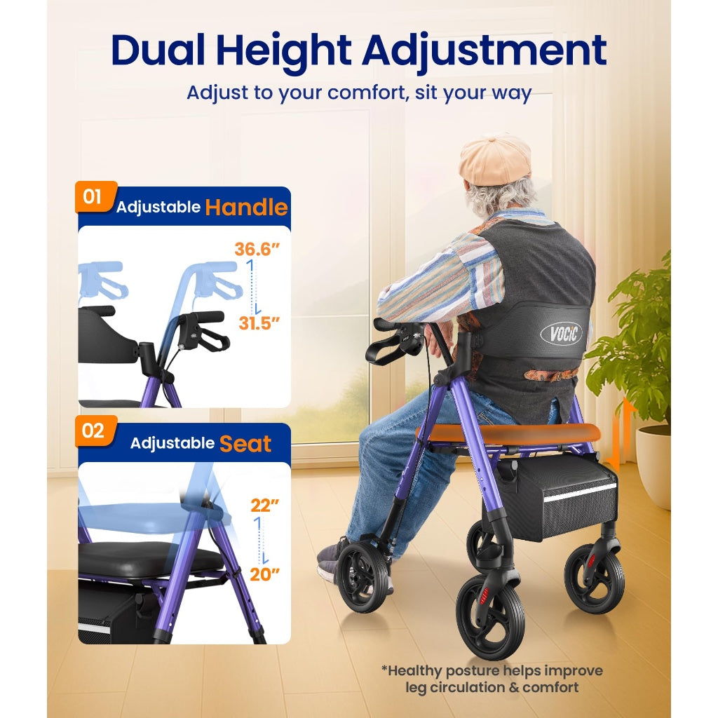Vocic Rollator Walker with Seat and Brakes Foldable Lightweight Walking Aid with Storage Bag Adjustable Height 8 Inch All Terrain Wheels - Damaged Box