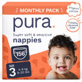Pura Baby Nappies Size 3 156 Pack 4-9kg Bulk Box Hypoallergenic Sensitive Skin Disposable Diapers 12 Hour Leak Protection Toxin-Free - Damaged Box