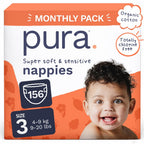 Pura Baby Nappies Size 3 156 Pack 4-9kg Bulk Box Hypoallergenic Sensitive Skin Disposable Diapers 12 Hour Leak Protection Toxin-Free - Damaged Box