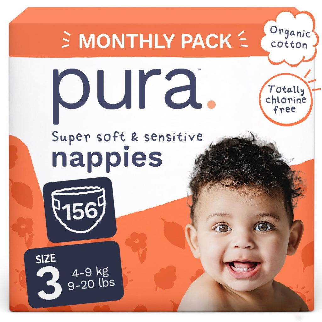 Pura Baby Nappies Size 3 156 Pack 4-9kg Bulk Box Hypoallergenic Sensitive Skin Disposable Diapers 12 Hour Leak Protection Toxin-Free - Damaged Box