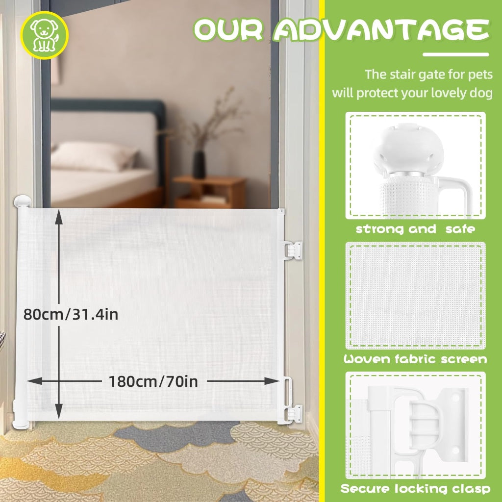 Rainberg Retractable Baby and Pet Stair Gate 180cm Wide x 80cm Tall Child Safety Guard for Doorways and Hallways One Hand Operation White - Like New