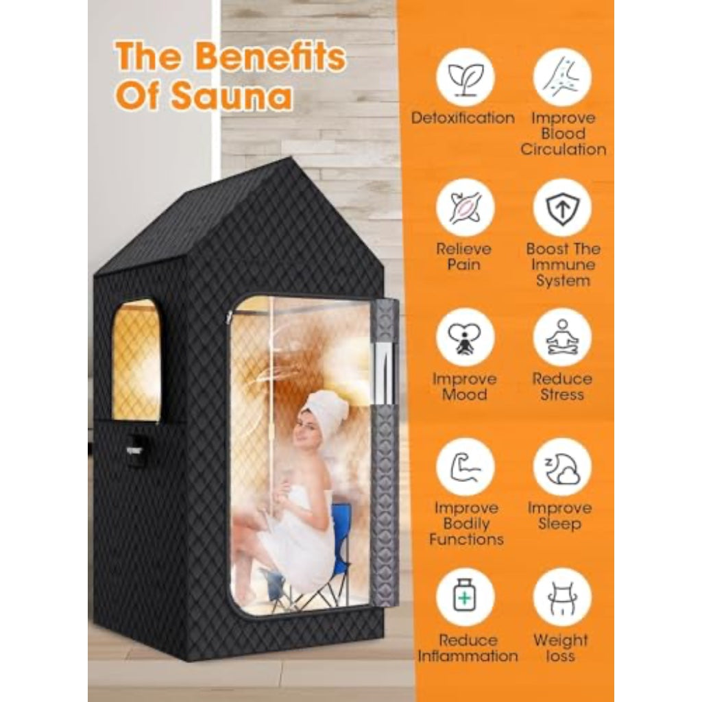 MQFORU Portable Steam Sauna XL 3L 1200W Home Spa with Folding Chair Remote Control Foot Massager and Mat Black 195 x 90 x 90 cm - Damaged Box