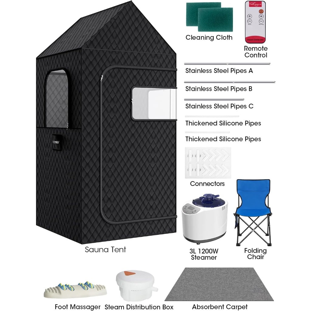 MQFORU Portable Steam Sauna XL 3L 1200W Home Spa with Folding Chair Remote Control Foot Massager and Mat Black 195 x 90 x 90 cm - Damaged Box